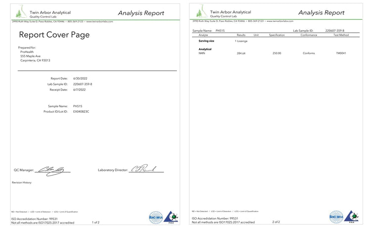 ProHealth UTHEVER® NMN PRO 250mg 含片，第三方實驗室測試報告，高純度驗證，購買 NMN 請到香港 ProHealth 官方授權專門店