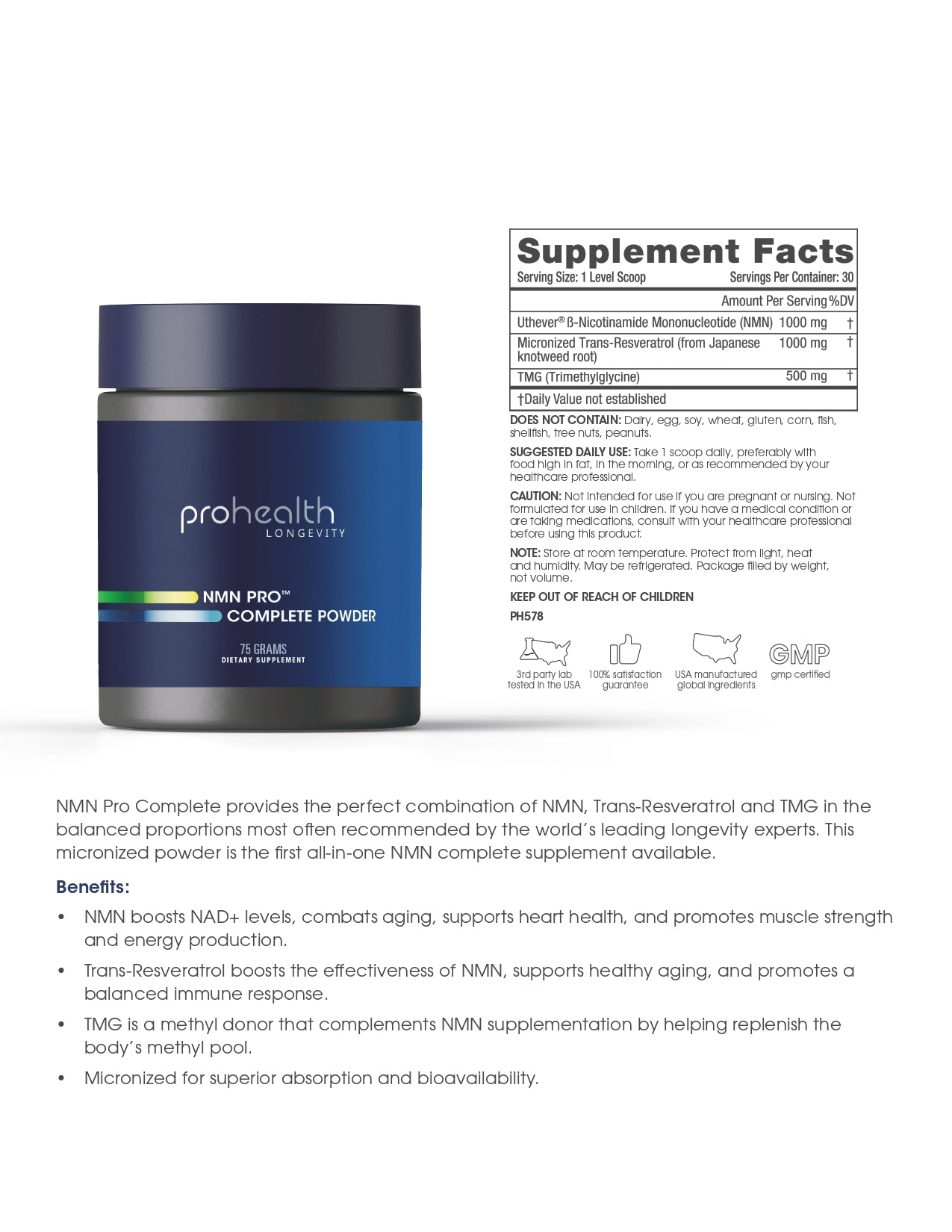 NMN 牌子 | ProHealth NMN PRO COMPLETE 75g | NMN 好處 label