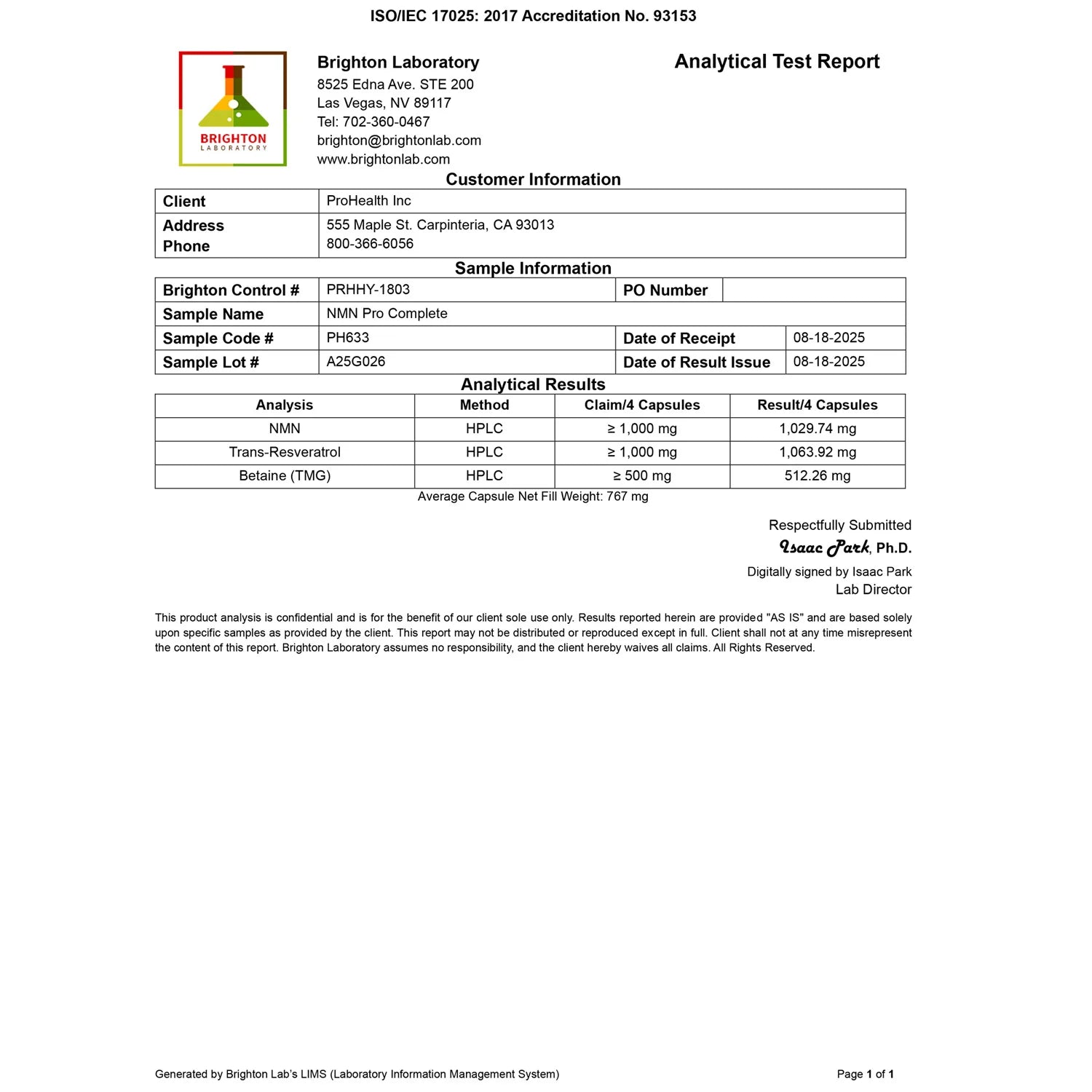 ProHealth UTHEVER® NMN PRO 完美膠囊，第三方實驗室測試報告，高純度驗證，購買 NMN 請到香港 ProHealth 官方授權專門店