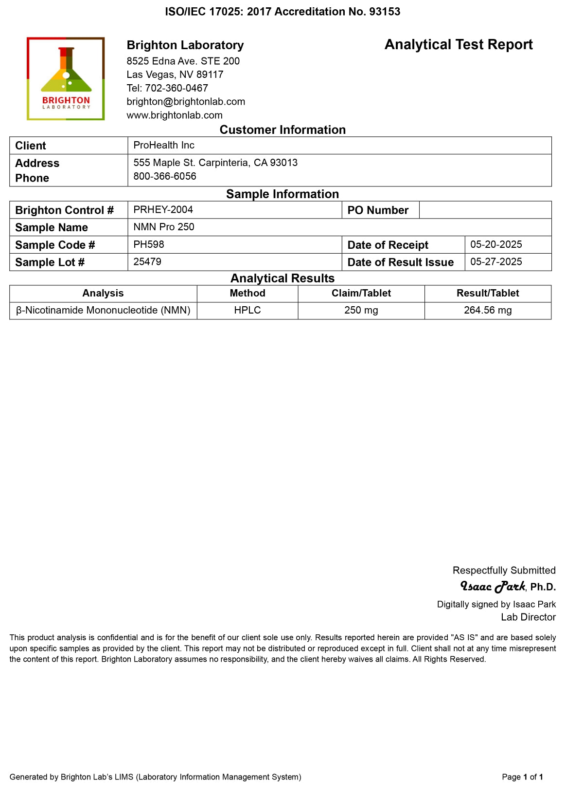 ProHealth NMN PRO 250mg 緩釋片第三方實驗室測試報告 - 高純度