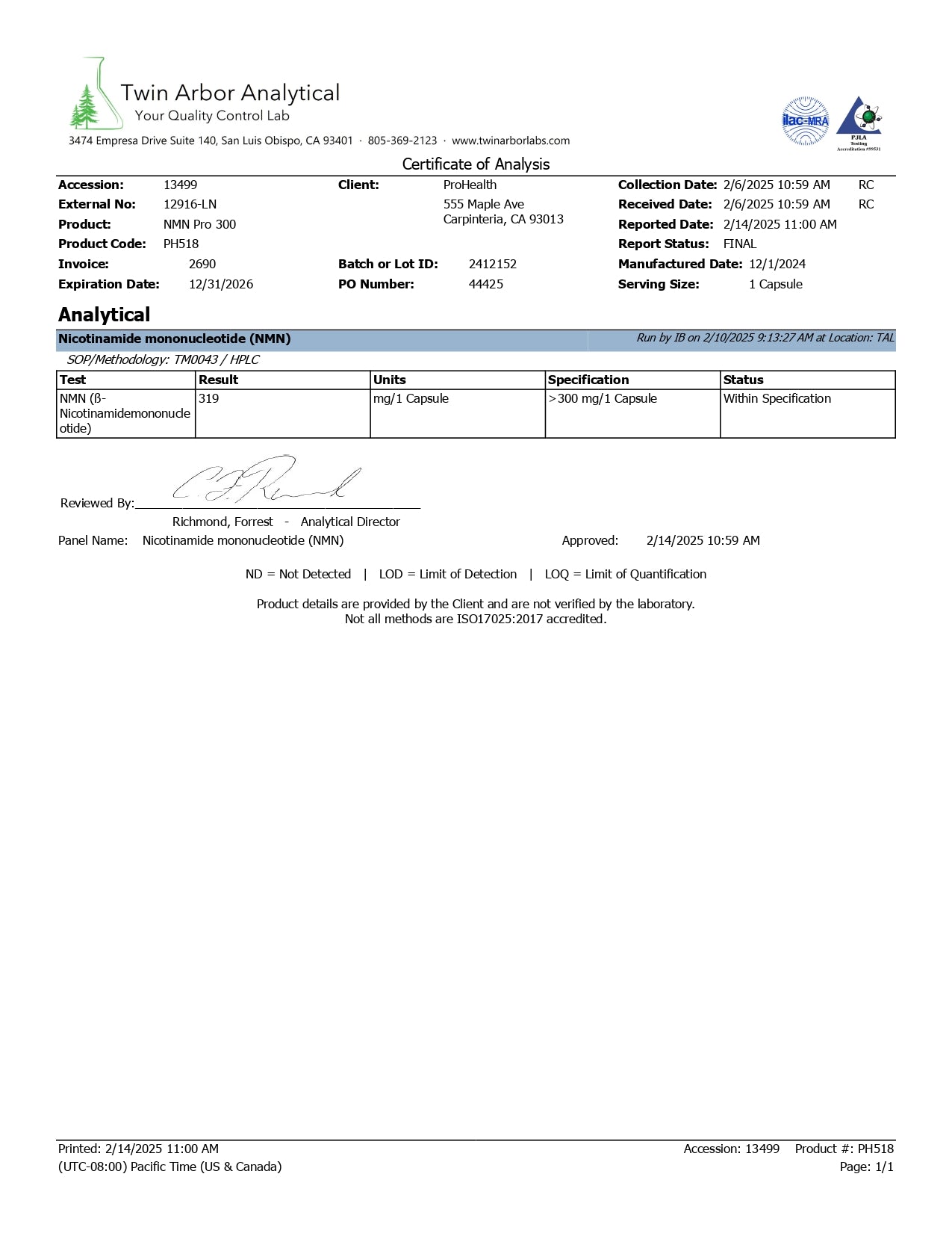 ProHealth NMN PRO 300mg 第三方實驗室測試報告 - 純度驗證